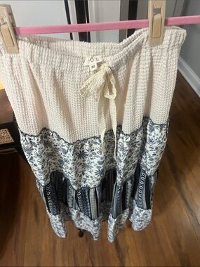 POL Cream Maxi Skirt with Navy Floral and Stripe Panels